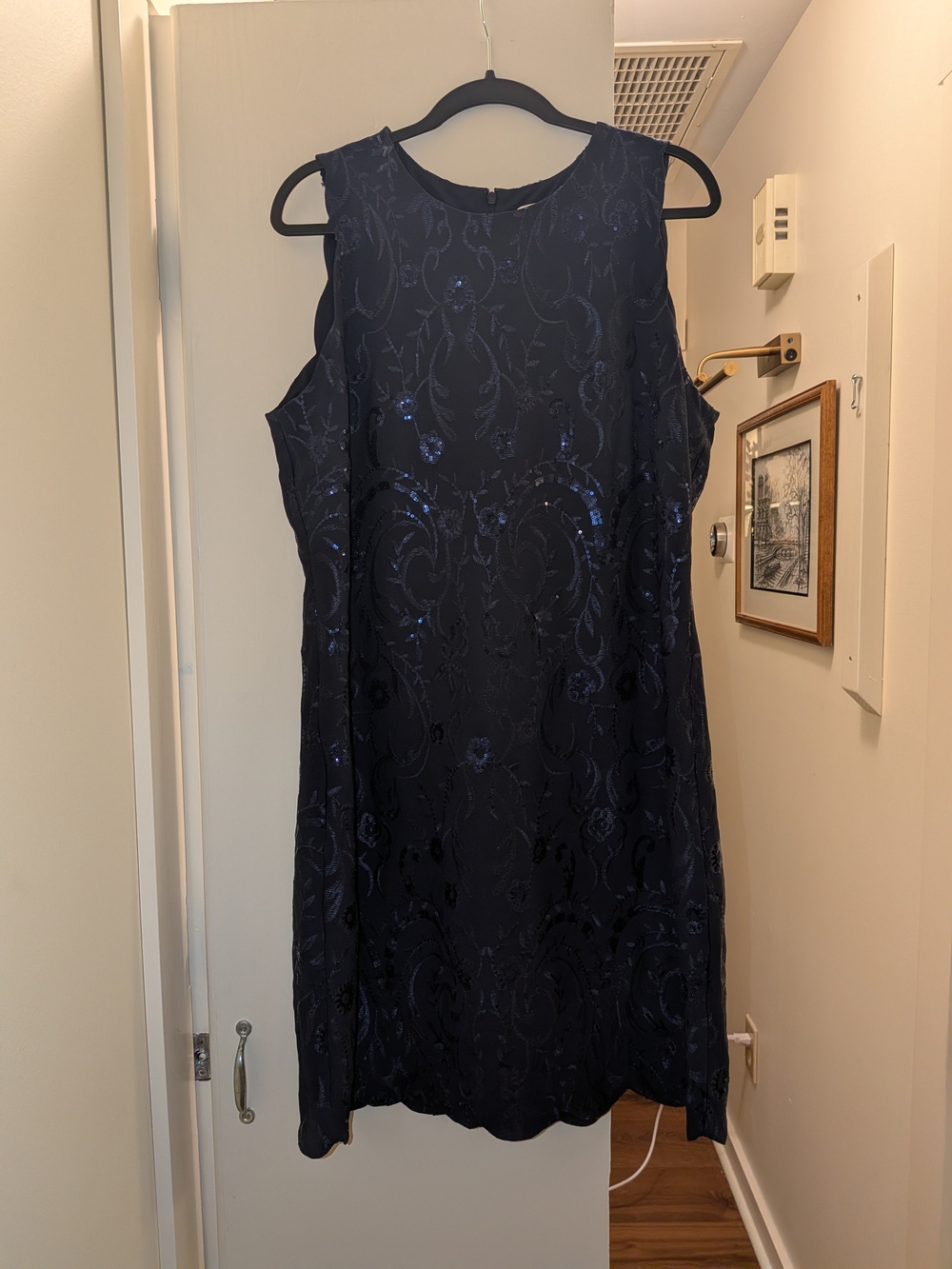 Anne Klein Navy Sequin-Embellished Sleeveless Shift Dress Scalloped Hem Size XL